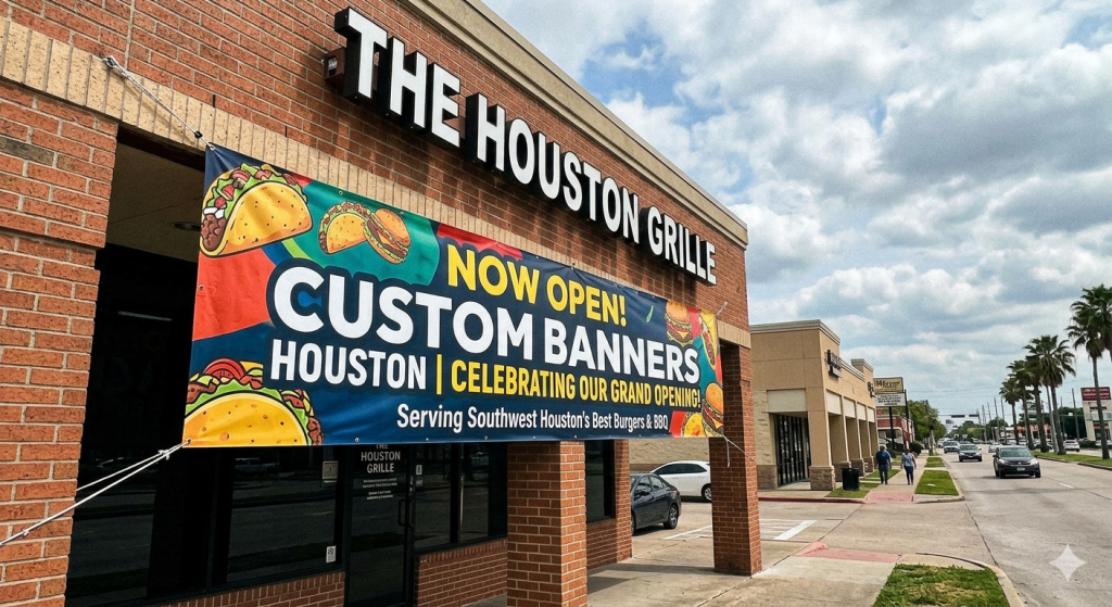Custom outdoor vinyl banner for a Houston restaurant by FASTSIGNS Southwest