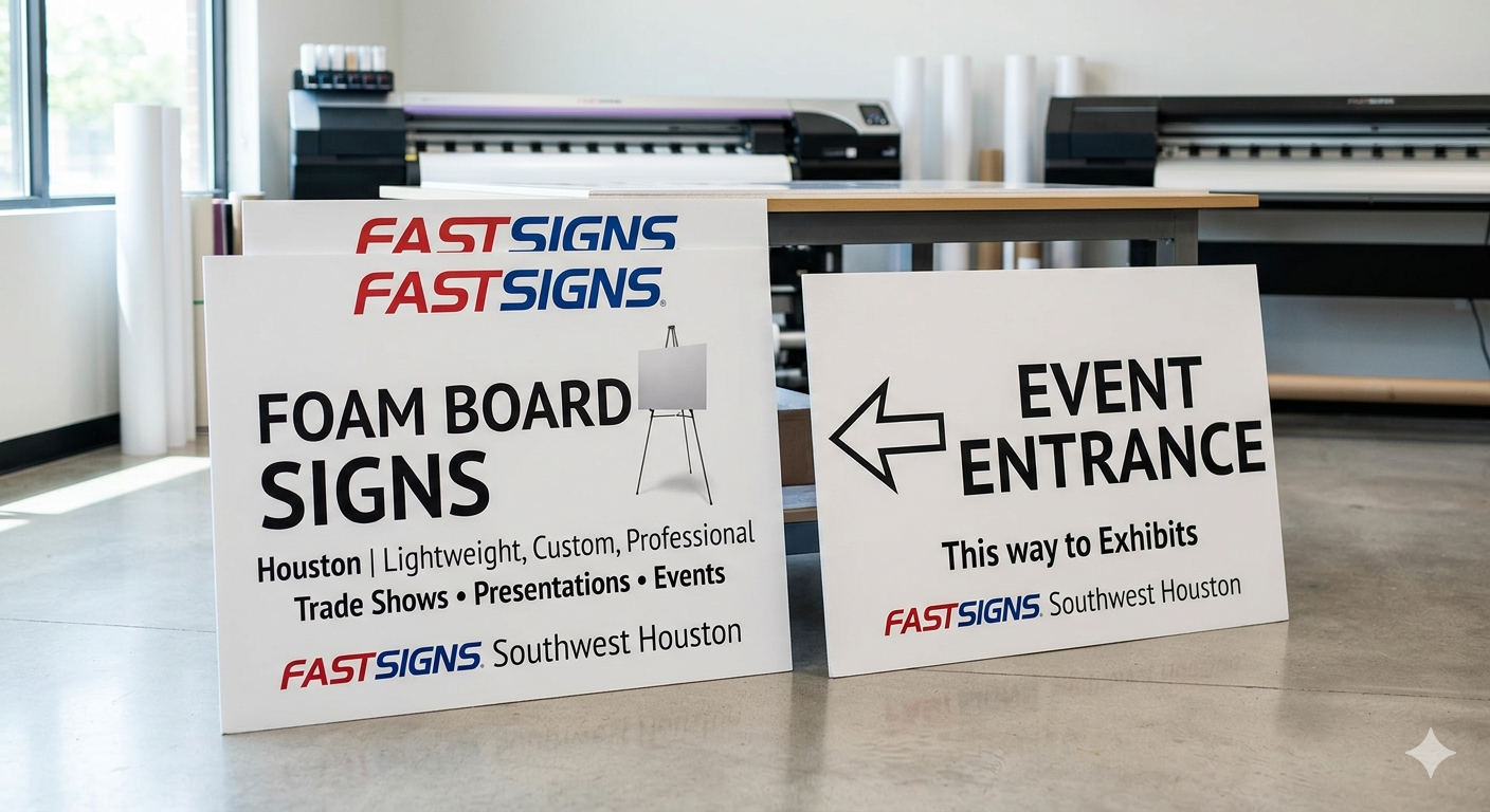 Custom foam board signs displayed at a Houston trade show exhibition booth