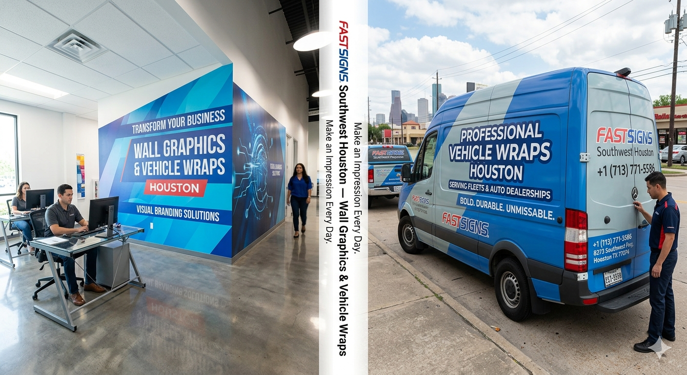 Wall Graphics in Action Suggested photo: A wide-angle shot of a branded office, school hallway, or retail space featuring custom wall graphics or a full-wall mural with logo and brand colors. Alt Text: "Custom wall graphics for office branding in Houston TX — FASTSIGNS Southwest Houston" Caption: Transform your office, school, or retail space with custom wall graphics from FASTSIGNS at 8373 Southwest Fwy, Houston TX 77074. Stock photo search suggestion: business office custom wall mural branding interior
